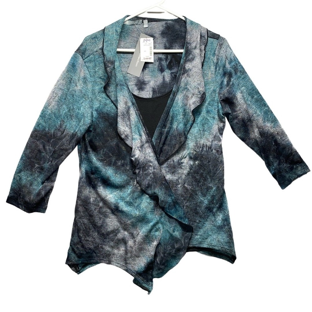 NWT NY Collection Womens Sz L Blue Black Tie Dye Open Cardigan Boho